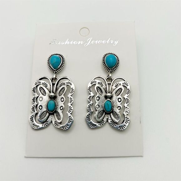 Bohemian Silver Tone Butterfly Stud Dangle Earrings with Faux Turquoise Beaded - Picture 3 of 6
